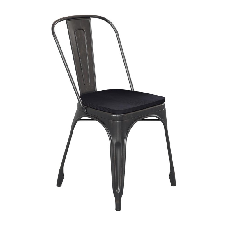 Perry Commercial Grade Black-Antique Gold Metal Indoor-Outdoor Stackable Chair With Black Poly Resin Wood Seat