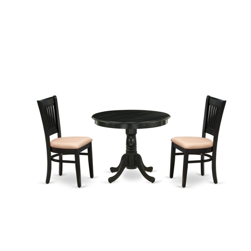 East West Furniture 3-Pc Kitchen Dining Set- 2 Wood Chair And Kitchen Dining Table - Linen Fabric Seat And Slatted Chair Back (Black Finish)