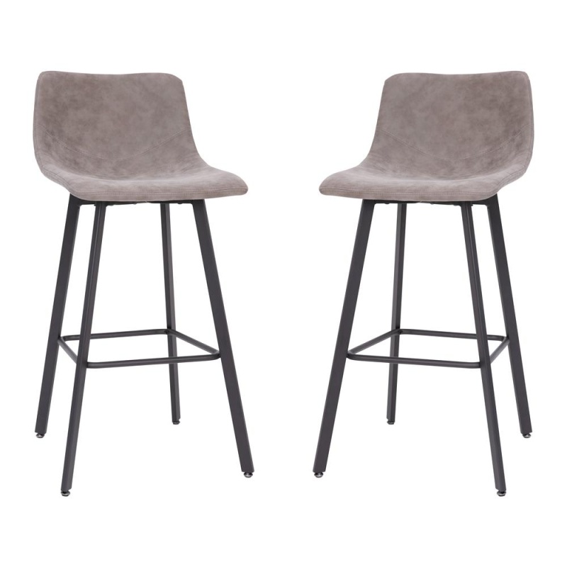 Caleb Modern Armless 30 Inch Bar Height Commercial Grade Barstools With Footrests In Gray Leathersoft And Black Matte Iron Frames, Set Of 2