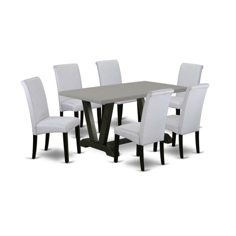 East West Furniture V696ba105-7 7-Pc Dinette Room Set - 6 Kitchen Parson Chairs And 1 Modern Rectangular Cement Kitchen Table With High Roll Chair Back - Wire Brushed Black Finish