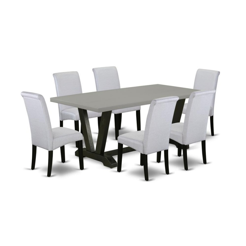 East West Furniture V697ba105-7 7-Pc Dining Room Set - 6 Dining Chairs And 1 Modern Rectangular Cement Wood Dining Table Top With High Chair Back - Wire Brushed Black Finish