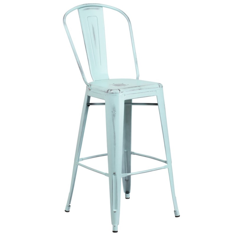 30" High Distressed Green-Blue Metal Barstool with Back