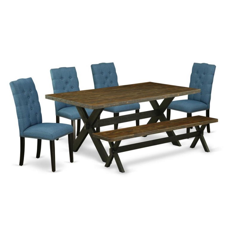 East West Furniture X677el121-6 6-Piece Amazing Rectangular Dining Room Table Set A Superb Distressed Jacobean Modern Dining Table Top And Distressed Jacobean Dining Room Bench And 4 Wonderful Linen f
