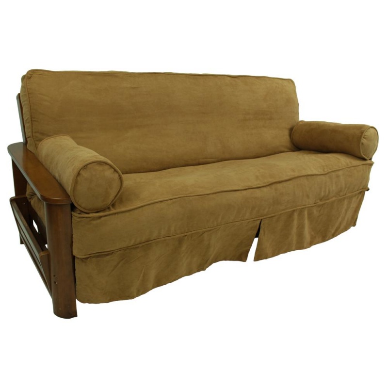 Solid Microsuede Double Corded 8 To 9-Inch Full Futon Slipcover Set With Two 20 By 8-Inch Bolster Pillows (Set Of 3)