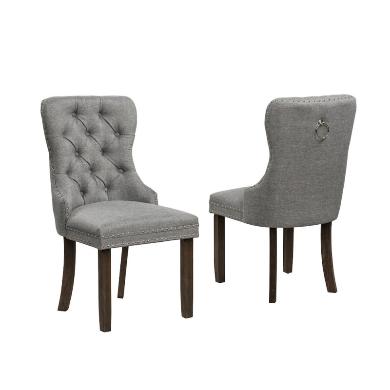 2Pc Gray Button Tufted Wing Back Chairs