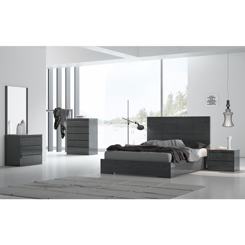 Anna Bed Full, Squares Design In Headboard, High Gloss Grey
