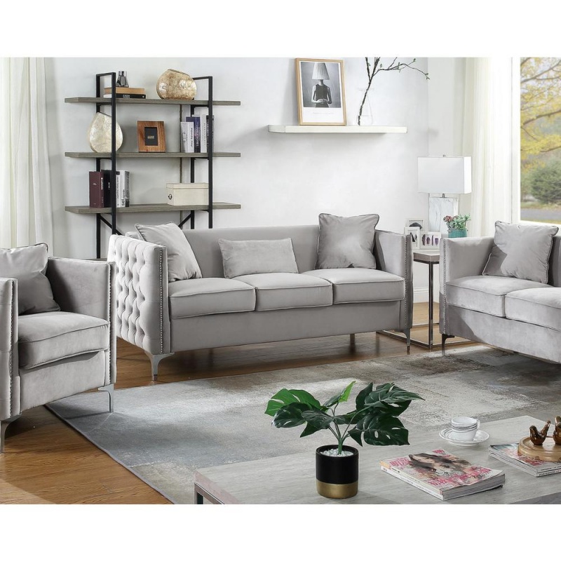Bayberry Gray Velvet Sofa With 3 Pillows
