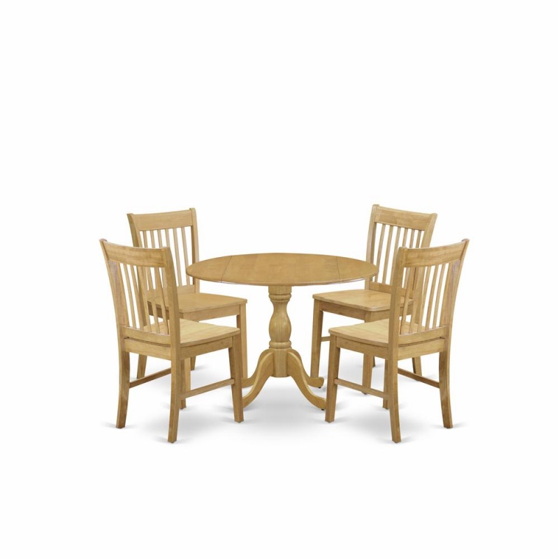 East West Furniture Dmnf5-Oak-W 5 Piece Dining Room Set - Oak Mid Century Modern Kitchen Table And 4 Oak Kitchen Chairs With Slatted Back - Oak Finish