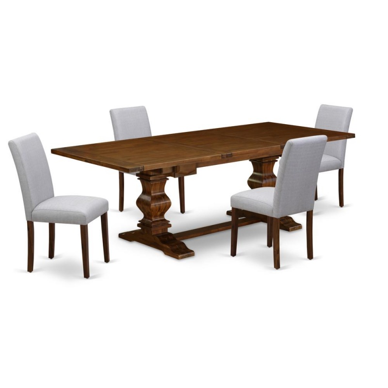 East West Furniture Laab5-88-05 5Pc Kitchen Set Includes A Rectangle Table And 4 Parsons Dining Room Chairs With Grey Color Linen Fabric, Medium Size Table With Full Back Chairs, Antique Walnut Finish