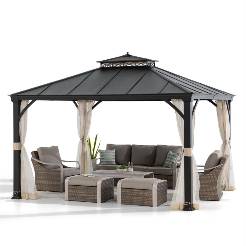 10 Ft. x 12 Ft. Brown Steel Gazebo with 2-Tier Hip Roof Hard Top