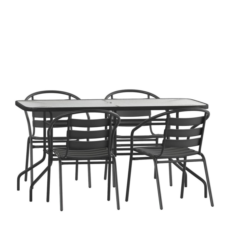 5 Piece Set - 55" Tempered Glass Patio Table - 4 Black Metal Chairs
