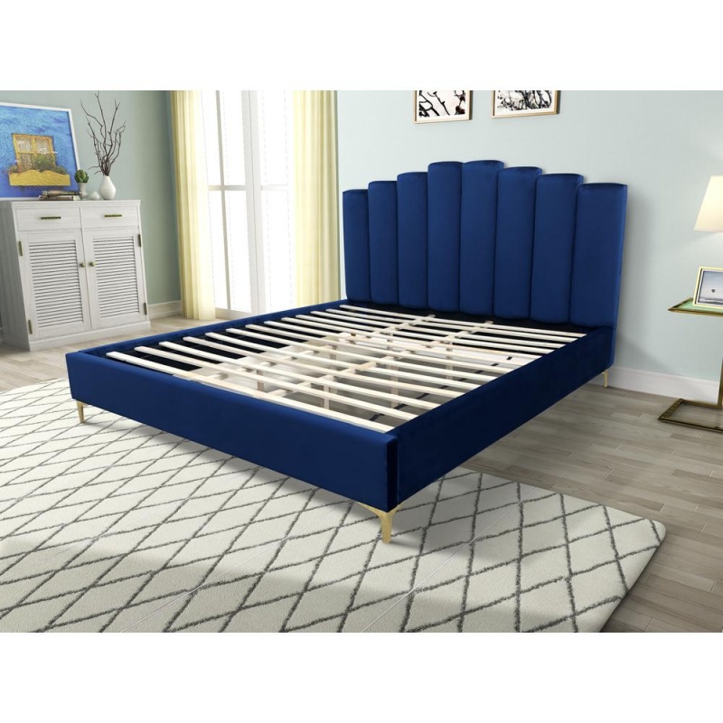 Sicily Velvet Fabric Queen Platform Bed In Blue