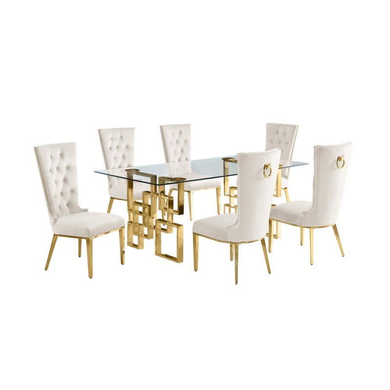 7-Piece Glam Dining Set With 6 Cream Chairs And A 79" Long Glass Table