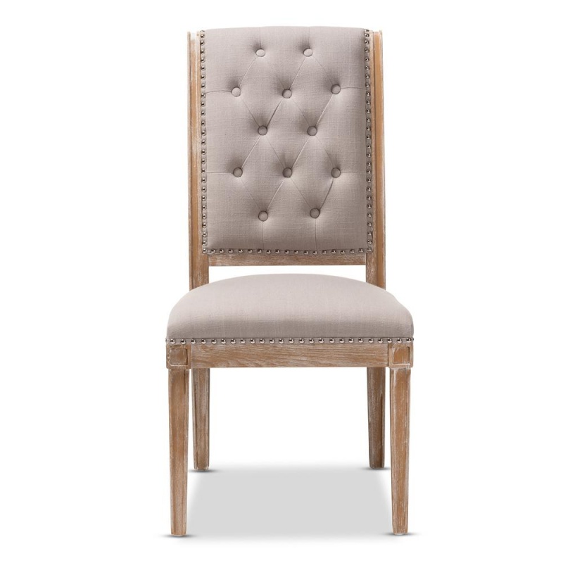 Charmant French Provincial Beige Fabric Upholstered Weathered Oak Finished Wood Dining Chair