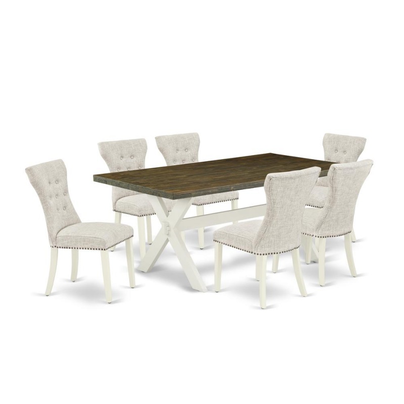East West Furniture 7-Pc Dining Room Set- 6 Parson Dining Chairs With Doeskin Linen Fabric Seat And Button Tufted Chair Back - Rectangular Table Top & Wooden Cross Legs - Distressed Jacobean And Linen
