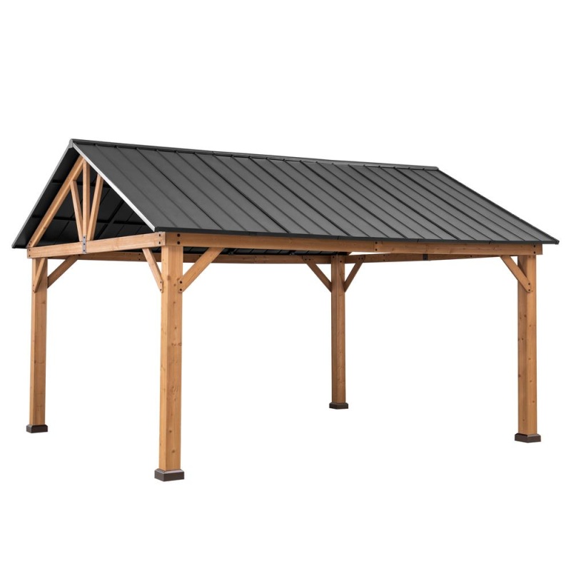 Sunjoy 13 Ft. X 15 Ft. Cedar Framed Gazebo With Matte-Black Steel Gable Roof Hardtop
