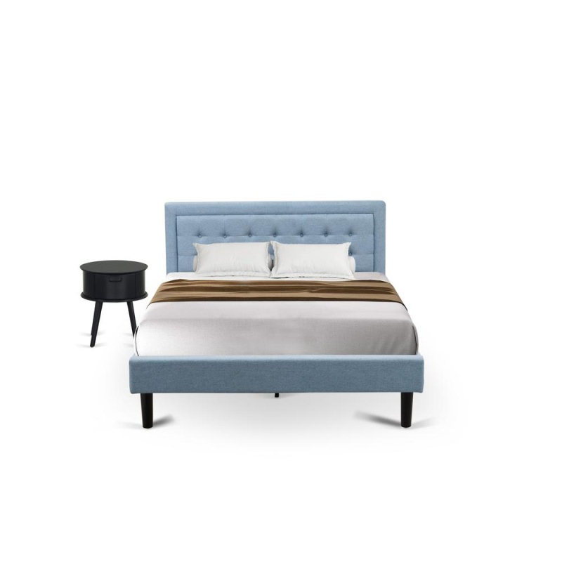 Fn11q-1Go15 2-Piece Platform Bedroom Furniture Set With 1 Platform Bed And A Wood Nightstand - Denim Blue Linen Fabric