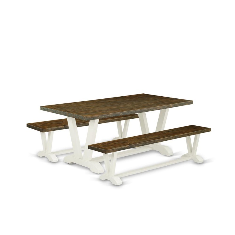 East West Furniture V2-077 3 Pc Kitchen Dining Table Set - 1 Distressed Jacobean Small Kitchen Table And 2 Dining Room Bench - Reliable And Sturdy Constructed - Linen White Finish