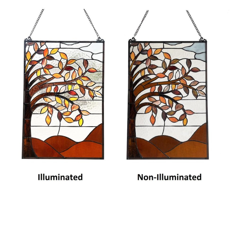 Autumnal Floral-Style Black Finish Stained Glass Window Panel 24" Tall