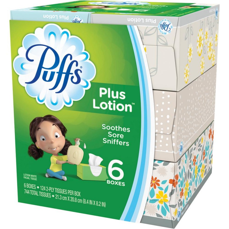Puffs Plus Lotion Facial Tissue - 2 Ply - 8.20" X 8.40" - White - Soft, Durable - For Office Building, School, Hospital, Face - 6 / Pack