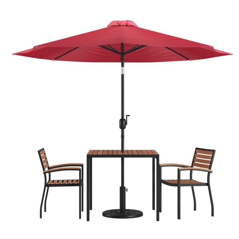 5 Piece Outdoor Patio Table Set With 2 Synthetic Teak Stackable Chairs, 35" Square Table, Red Umbrella & Base