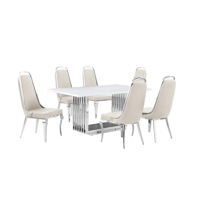 7Pc Small(68") Marble Top Dining Set With Silver Base And 6 Cream Side Chairs