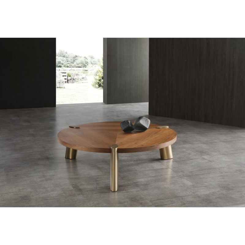 Mimeo Large Round Coffee Table, Walnut Veneer Top Lacquered In Original Color, Legs Brushed Stainless Steel In Brass