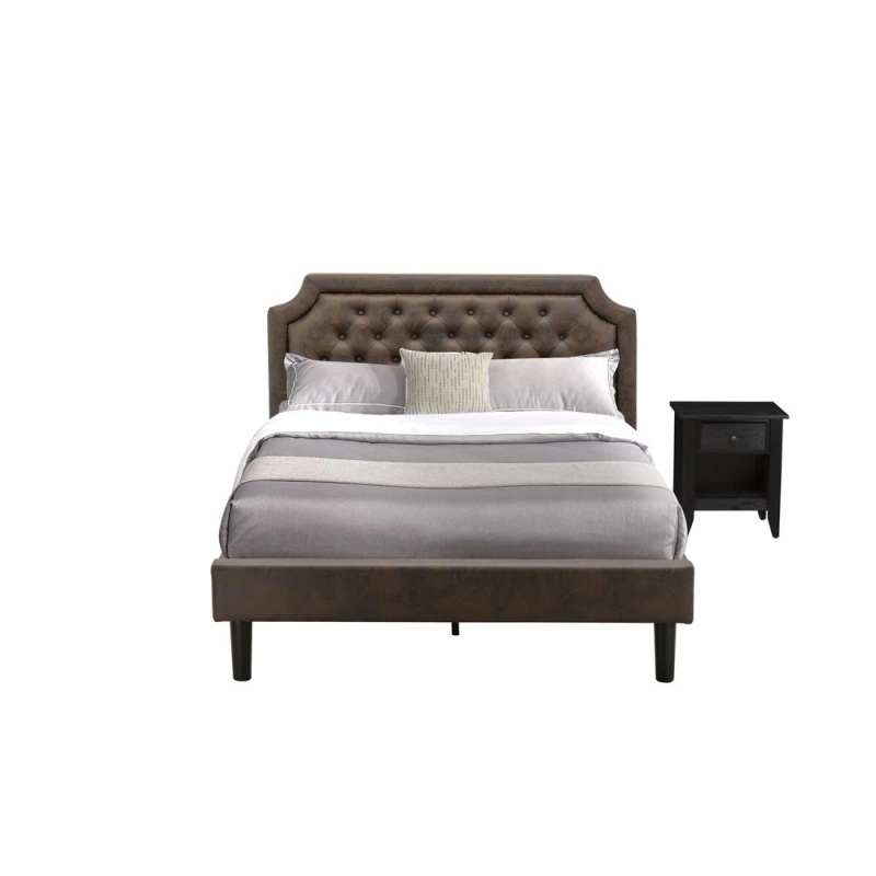 Gb25q-1Ga06 2-Pc Wooden Set For Bedroom With Bed Frame And Wire Brushed Black Nightstand - Dark Brown Faux Leather And Black Legs
