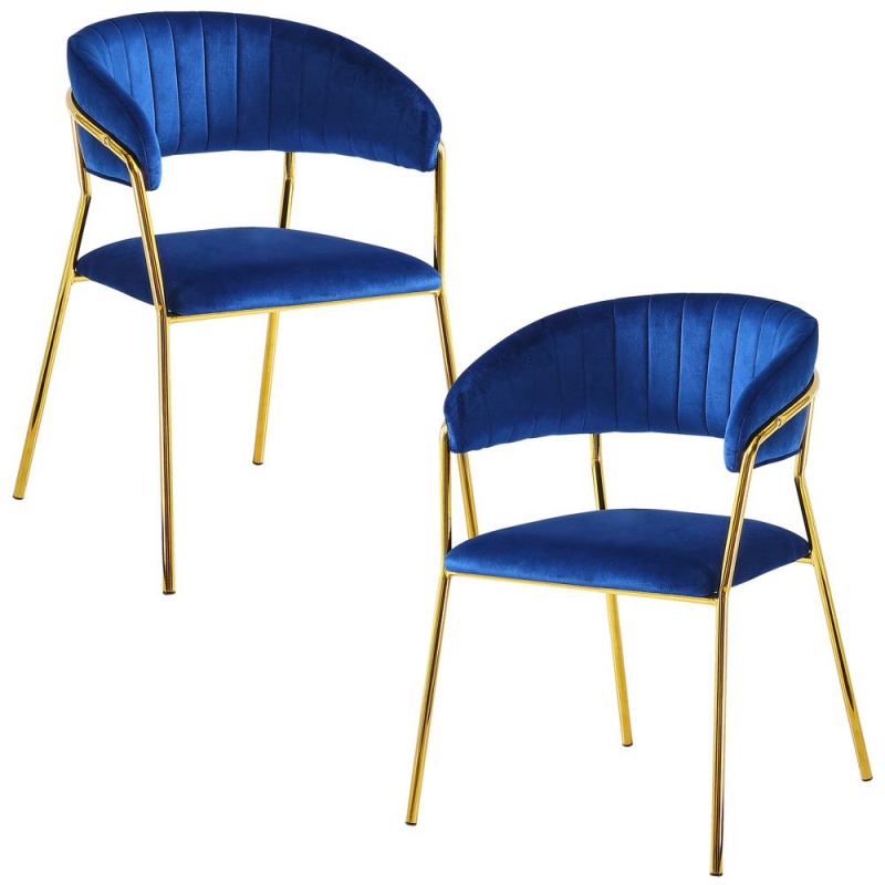 Bellai Gold Plated W/ Blue Velour Fabric Chairs, Set Of 2