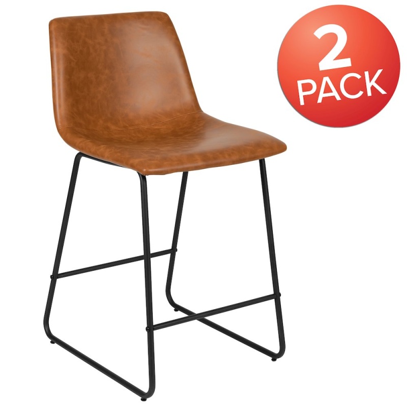 24 Inch Leathersoft Counter Height Barstools in Light Brown, Set of 2