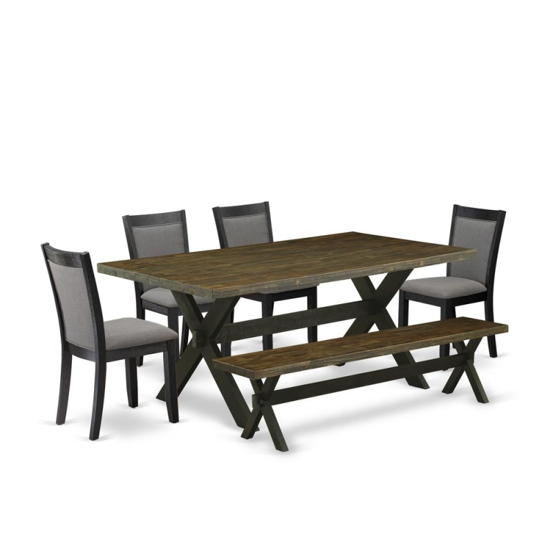 East West Furniture 6 Pc Dining Set - Distressed Jacobean Top Dinning Table With A Rustic Bench And 4 Dark Gotham Grey Linen Fabric Upholstered Chairs - Wire Brushed Black Finish