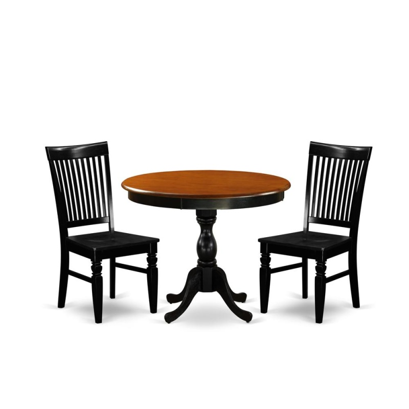 East West Furniture 3-Piece Dining Set Consist Of Dinning Table And 2 Dining Chairs With Slatted Back - Black Finish