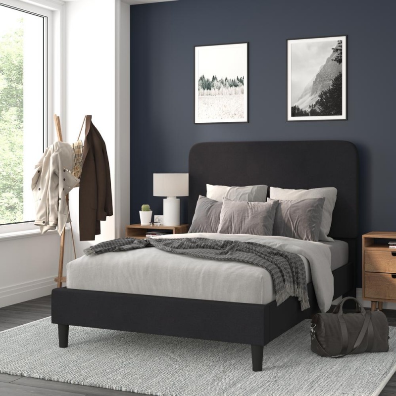 Addison Charcoal Full Fabric Upholstered Platform Bed - Headboard With Rounded Edges - No Box Spring Or Foundation Needed