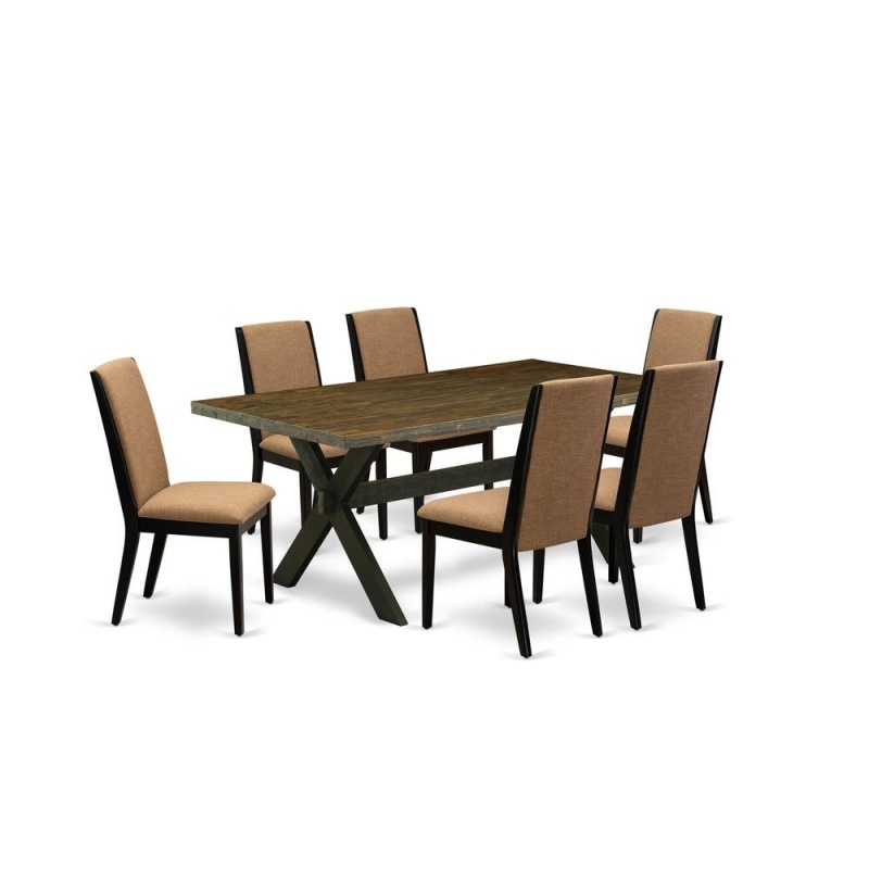 East West Furniture X677la147-7 7-Piece Amazing Dining Room Set A Great Distressed Jacobean Kitchen Table Top And 6 Beautiful Linen Fabric Kitchen Chairs With Stylish Chair Back, Wire Brushed Black Fi