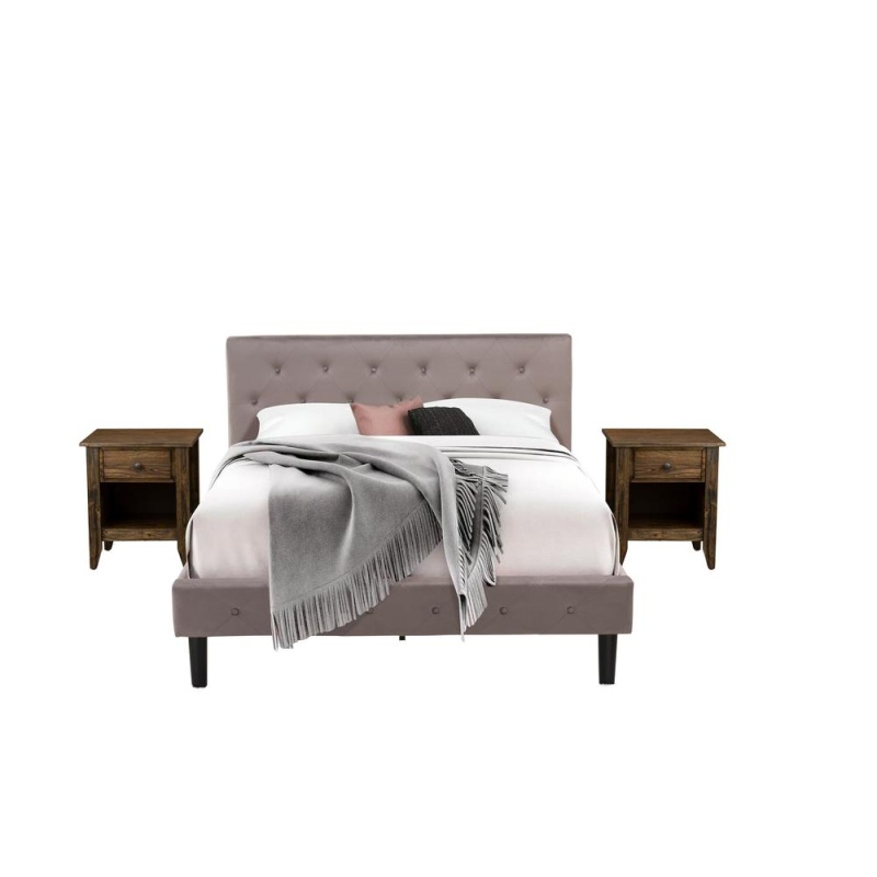 Nl14q-2Ga07 3 Piece Bed Set - 1 Bed Brown Taupe Velvet Fabric Headboard And 2 Nightstands - Distressed Jacobean Finish Nightstand