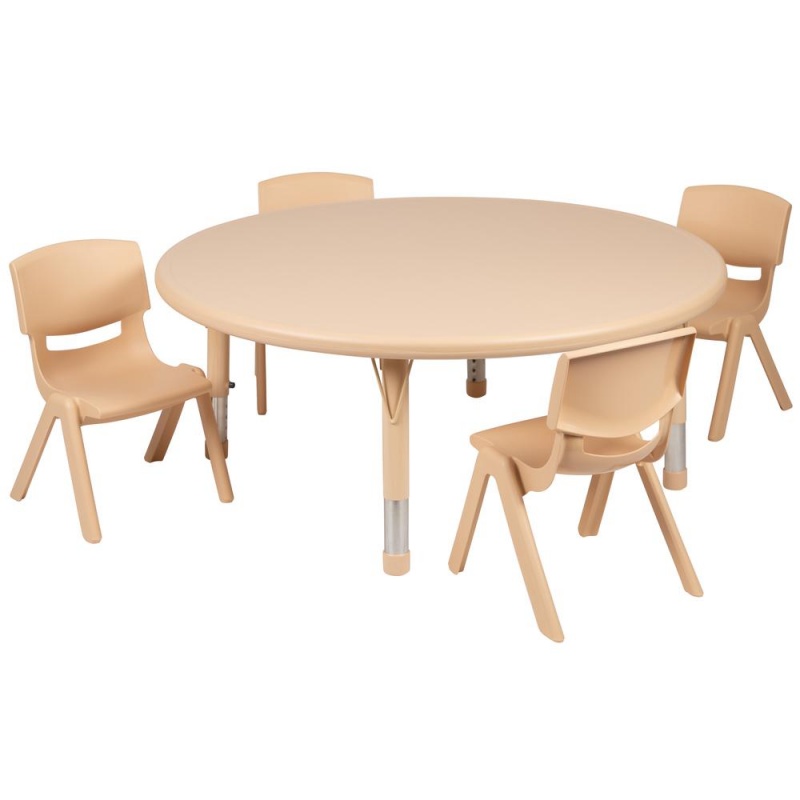 45" Round Natural Plastic Height Adjustable Activity Table Set With 4 Chairs