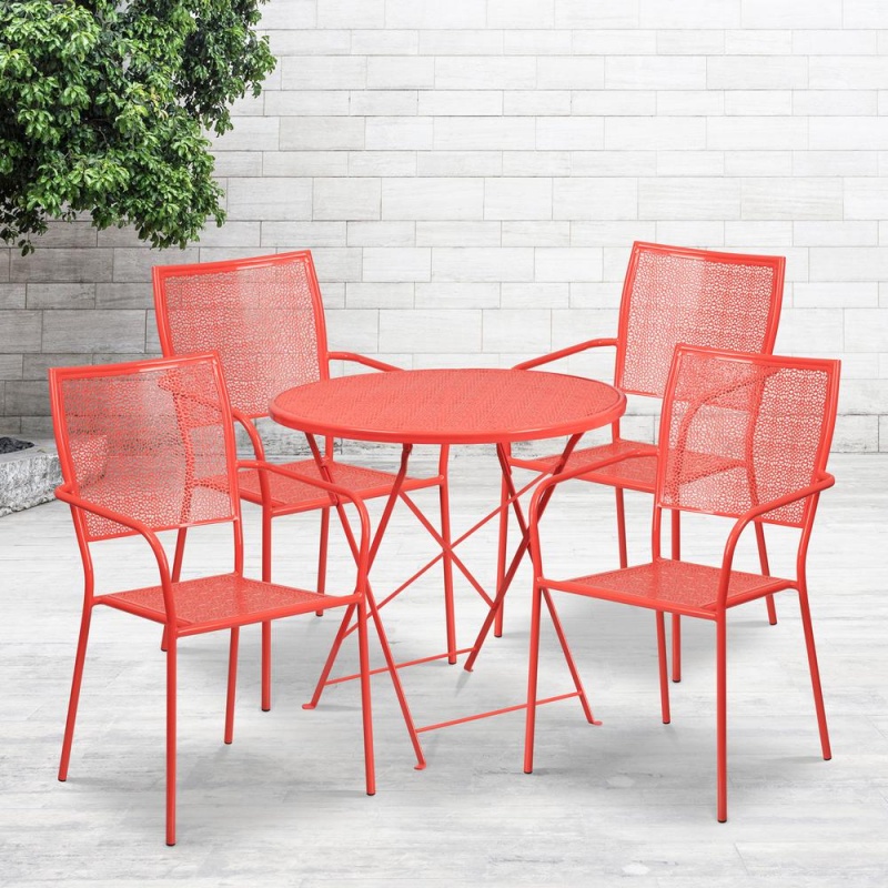 Commercial Grade 30" Round Coral Indoor-Outdoor Steel Folding Patio Table Set With 4 Square Back Chairs