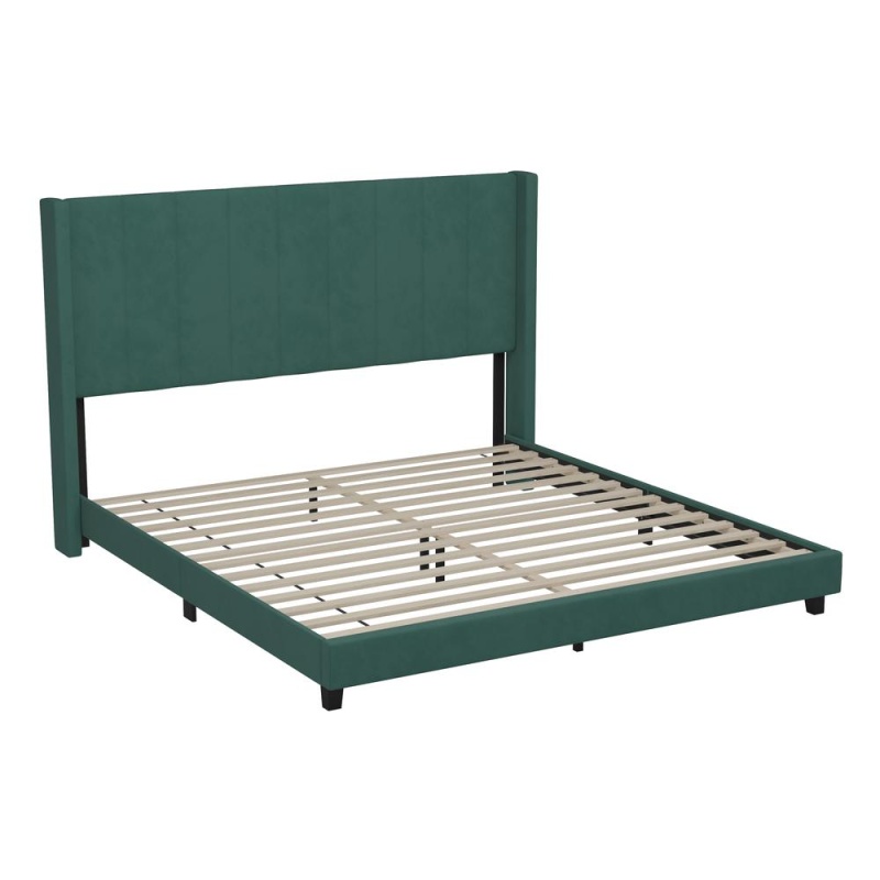 Bianca King Upholstered Platform Bed With Vertical Stitched Wingback Headboard, Slatted Mattress Foundation, No Box Spring Needed, Emerald Velvet