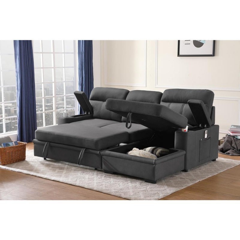 Kaden Gray Fabric Sleeper Sectional Sofa Chaise With Storage Arms And Cupholder