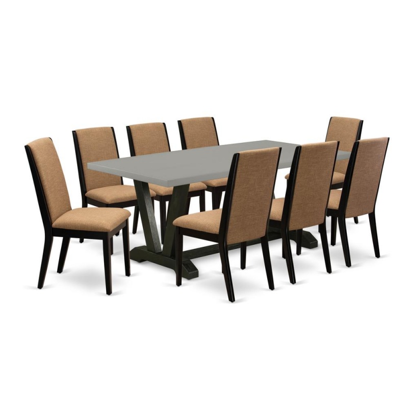 East West Furniture V697la147-9 9-Piece Stylish Dining Table Set A Great Cement Color Rectangular Dining Table Top And 8 Lovely Linen Fabric Dining Chairs With Stylish Chair Back, Wire Brushed Black f