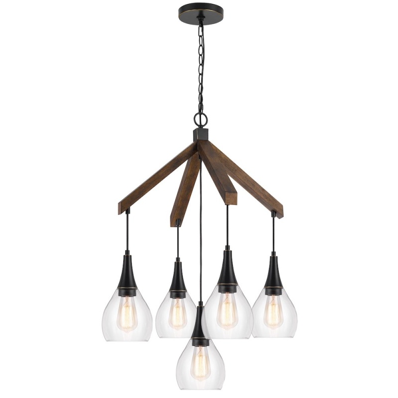 60W X 5 Watkins Rubber Wood Chandelier With Hanging Glass Shades