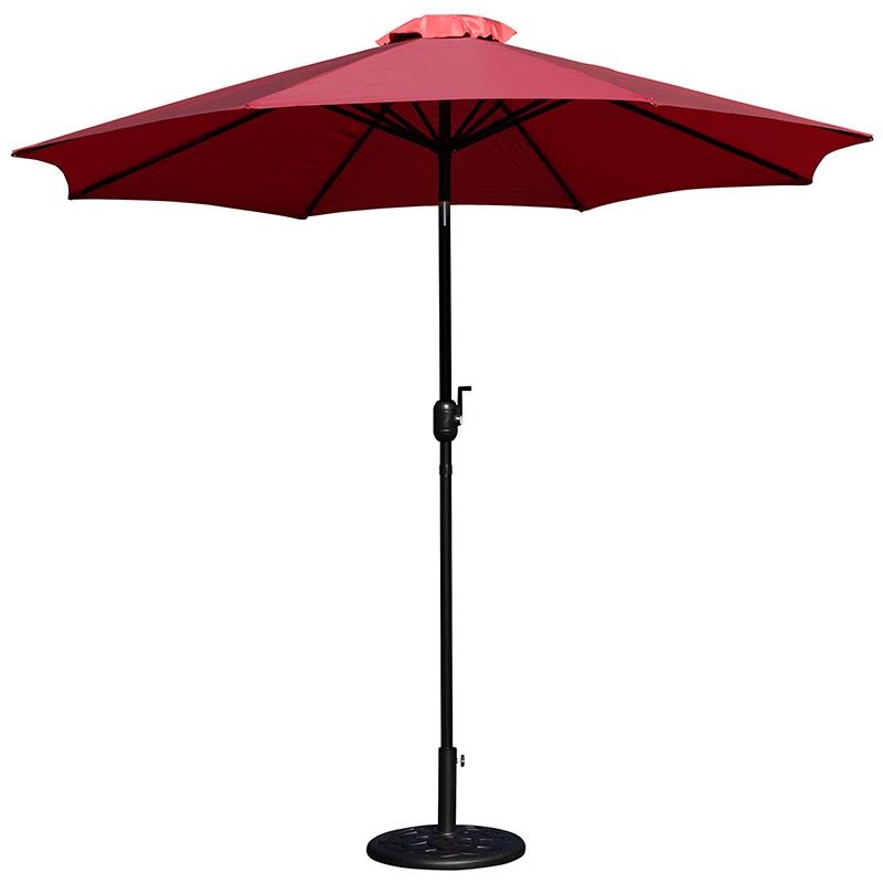 Red 9 Ft Round Umbrella With Crank And Tilt Function And Standing Umbrella Base