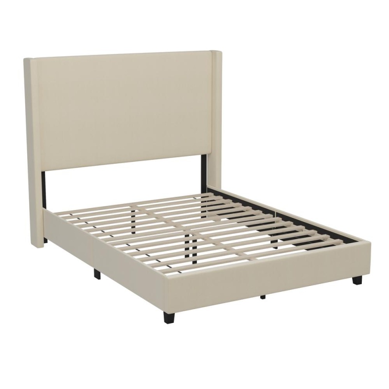 Queen Upholstered Platform Bed With Channel Stitched Wingback Headboard, Beige