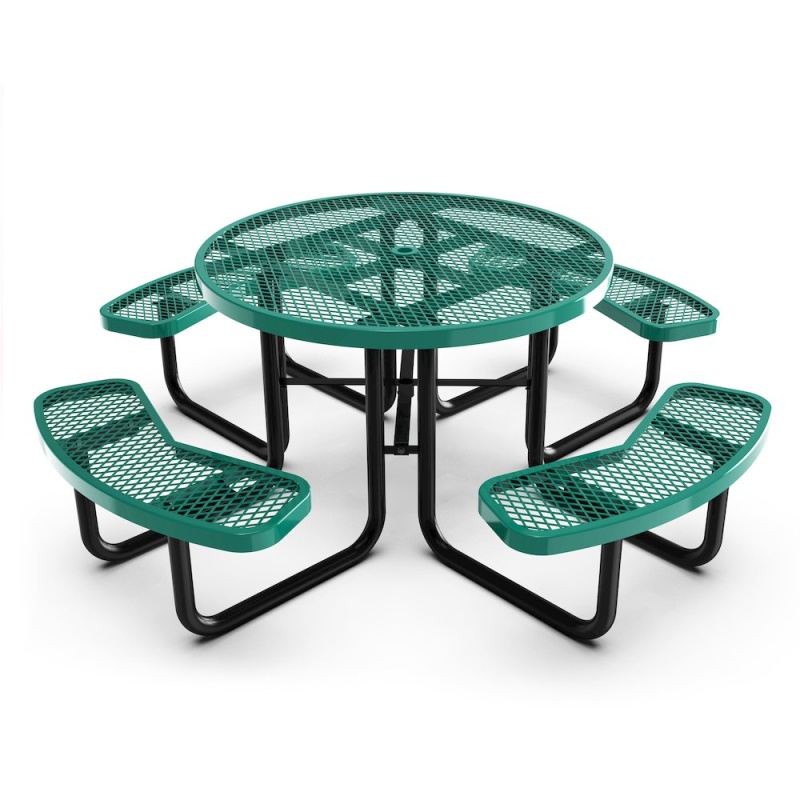 46" Round Outdoor Picnic Table With Green Expanded Metal Mesh Top And Seats