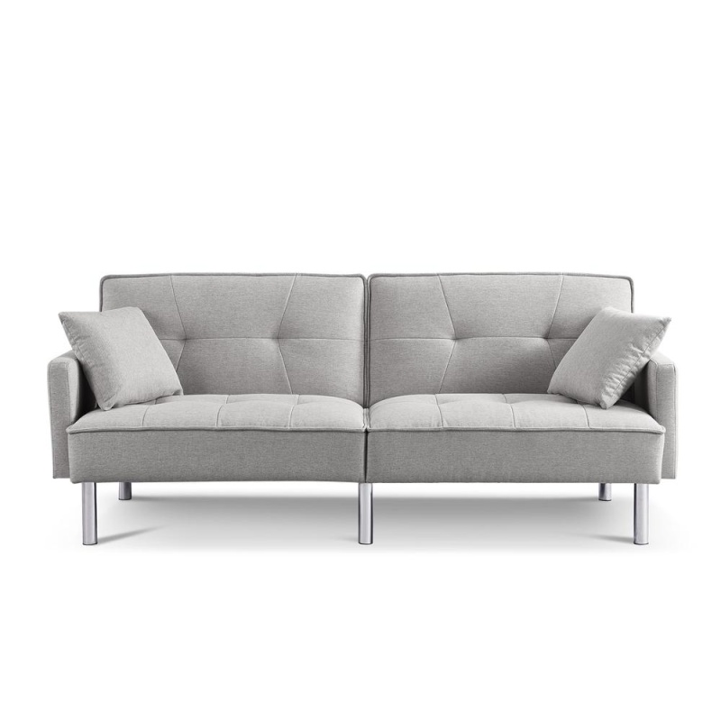 Tufted Futon Convertible Sofa Sleeper With Two Throw Pillows