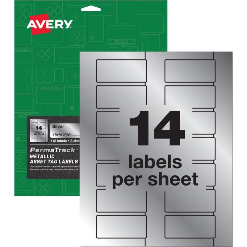 Avery® Permatrack Asset Tag Label - 1 1/4" Width X 2 3/4" Length - Permanent Adhesive - Rectangle - Laser - Silver - Film - 14 / Sheet - 8 Total Sheets - 112 Total Label(S) - 5