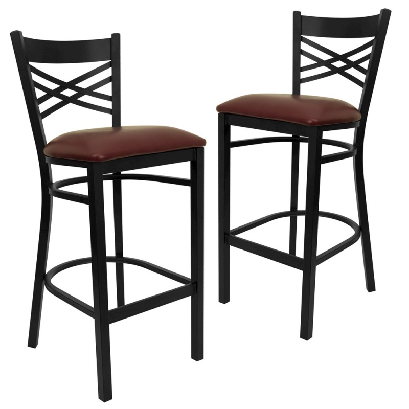 2 Pk. Black X Back Metal Restaurant Barstool - Burgundy Vinyl Seat