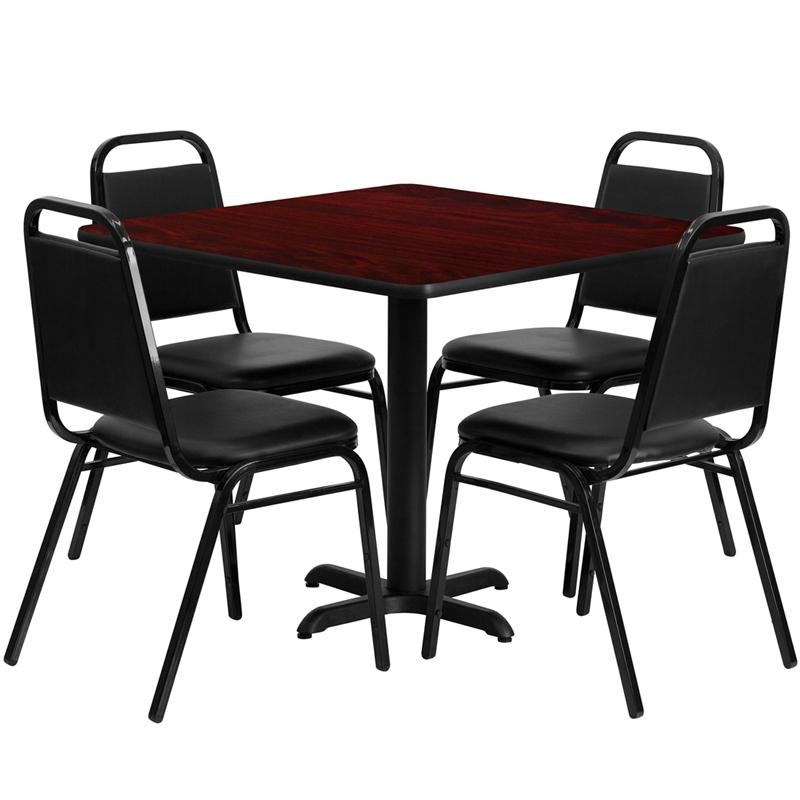 36'' Mahogany Table Set With X-Base And 4 Black Trapezoidal Back Banquet Chairs