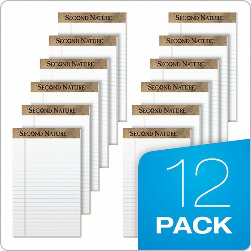 Tops Second Nature Recycled Writing Pads - 50 Sheets - 0.28" Ruled - 16 Lb Basis Weight - Jr.Legal - 5" X 8" - White Paper - Perforated - Recycled - 1 Dozen