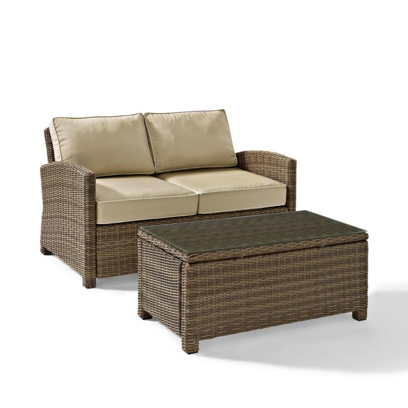 Bradenton 2Pc Outdoor Wicker Chat Set Sand/Weathered Brown - Loveseat, Glass Top Table
